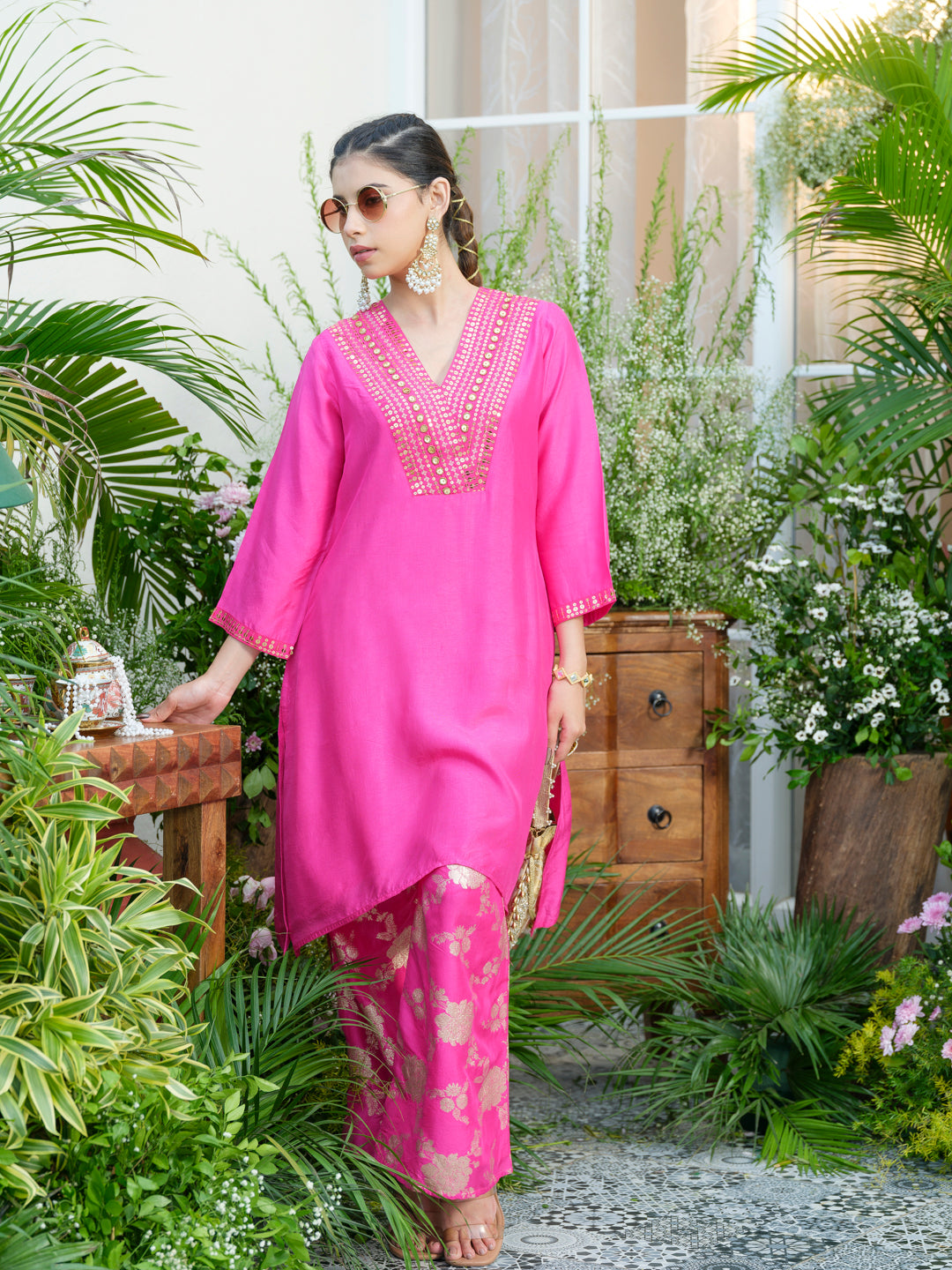 Stunning Pink Kurta with Gold Embroidery & Jacquard Palazzo Pants