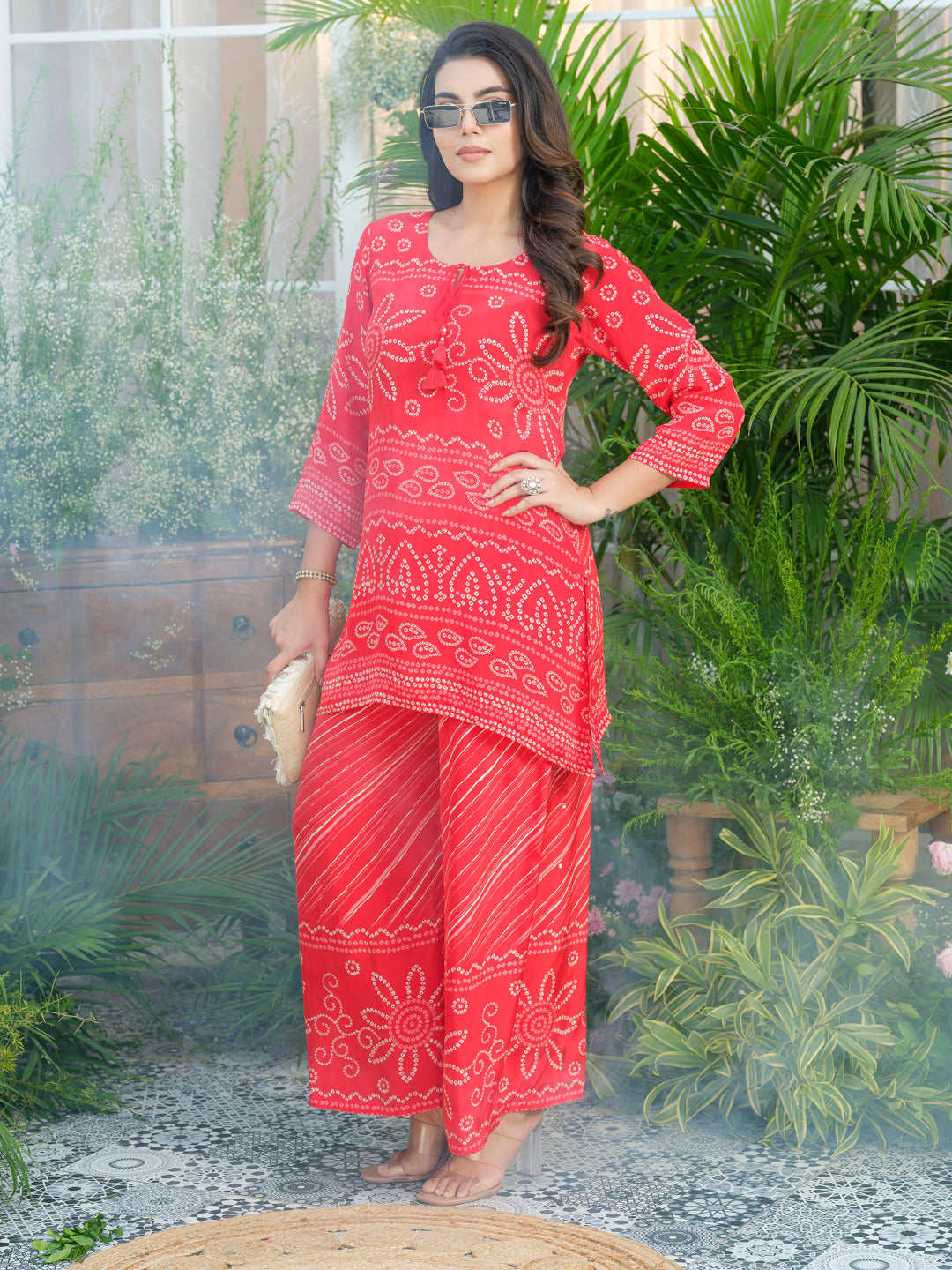 Red Badhani Natural Crepe Kurti With Trouser Co-Ords