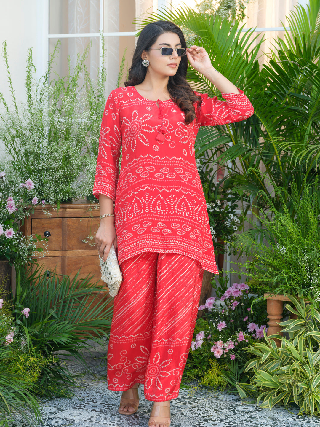 Red Badhani Natural Crepe Kurti With Trouser Co-Ords