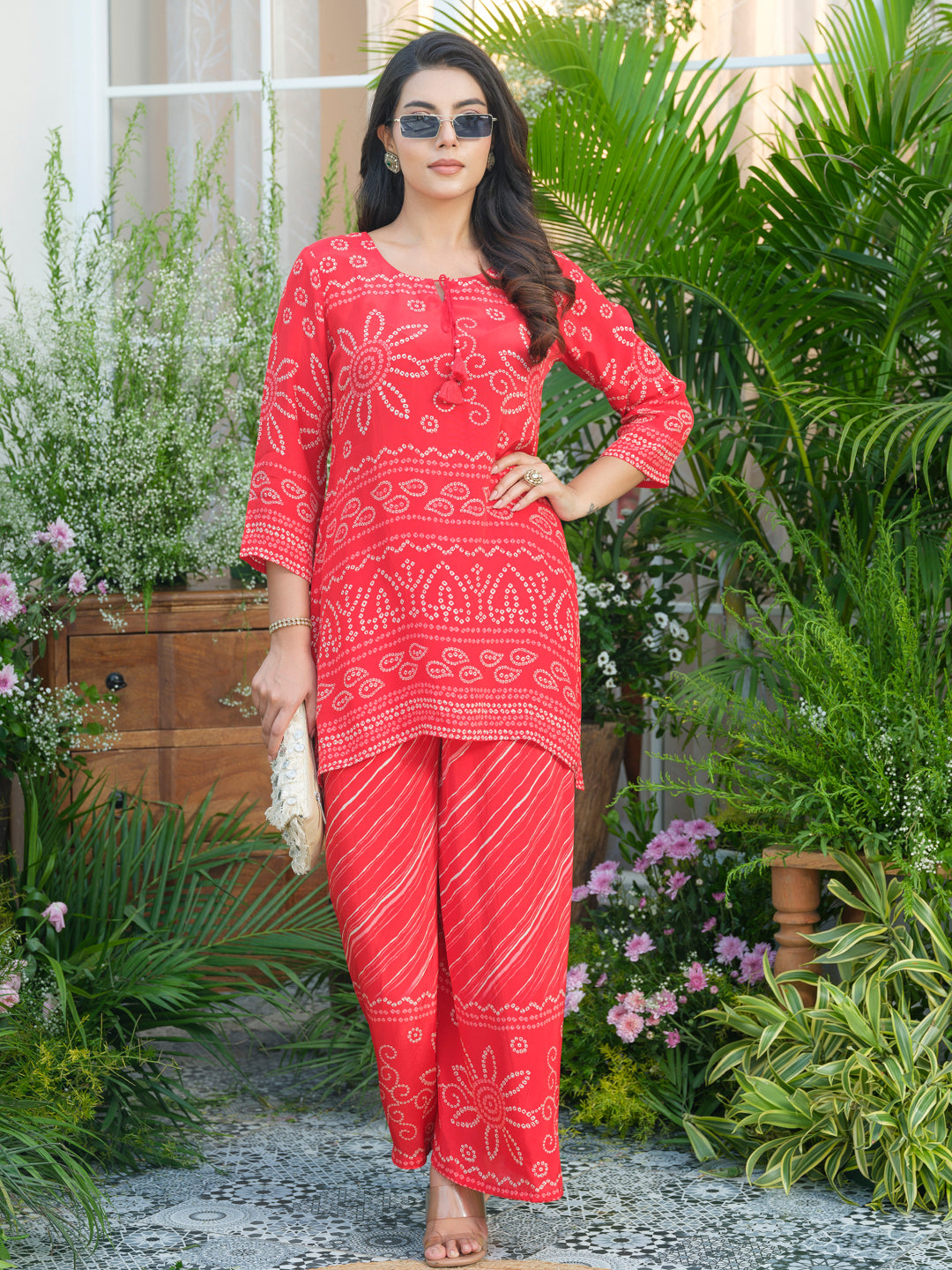 Red Badhani Natural Crepe Kurti With Trouser Co-Ords