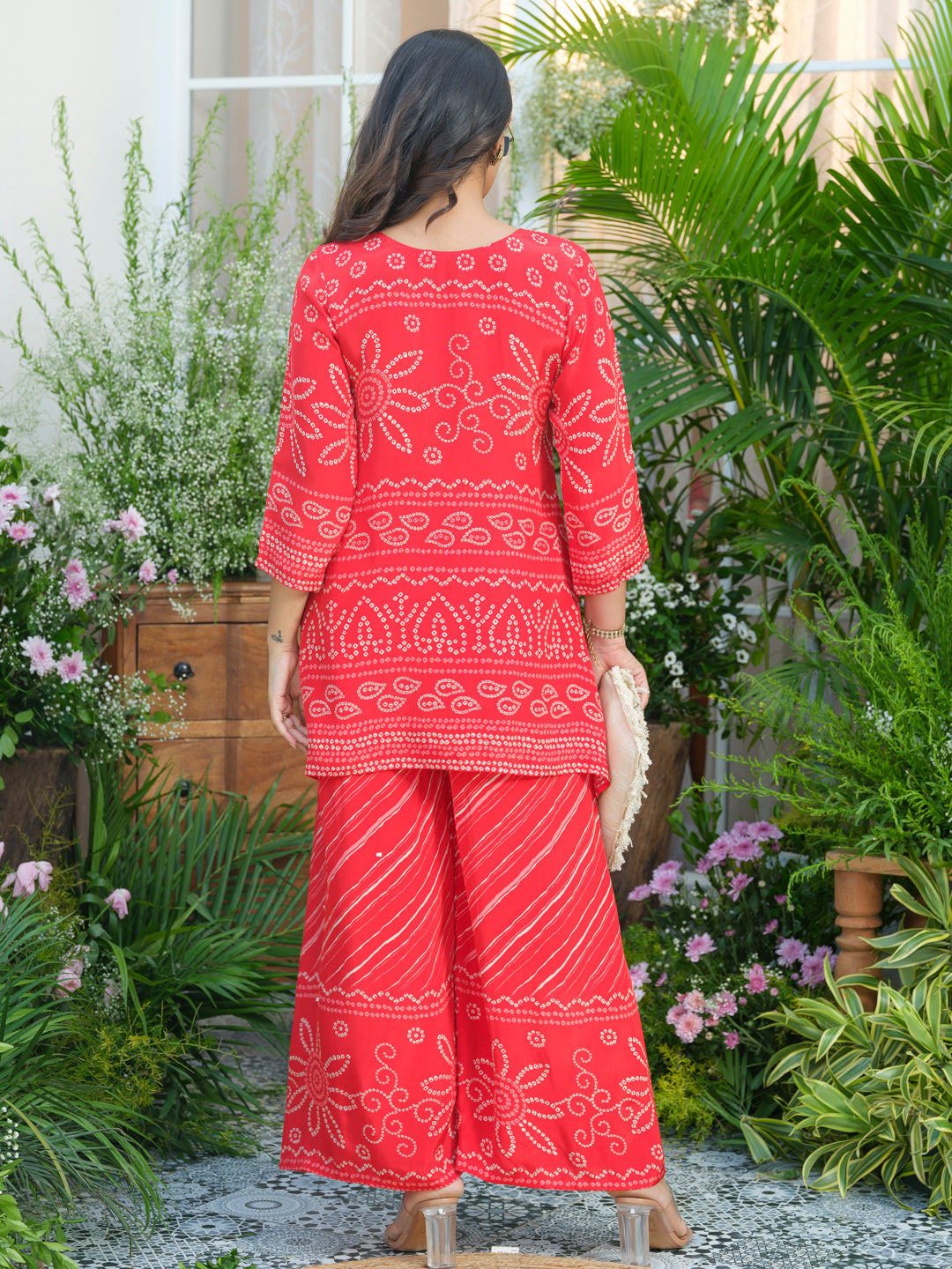 Red Badhani Natural Crepe Kurti With Trouser Co-Ords