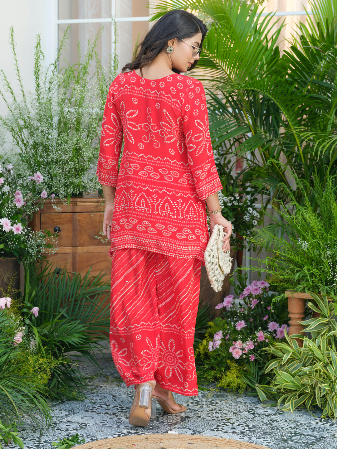 Red Badhani Natural Crepe Kurti With Trouser Co-Ords
