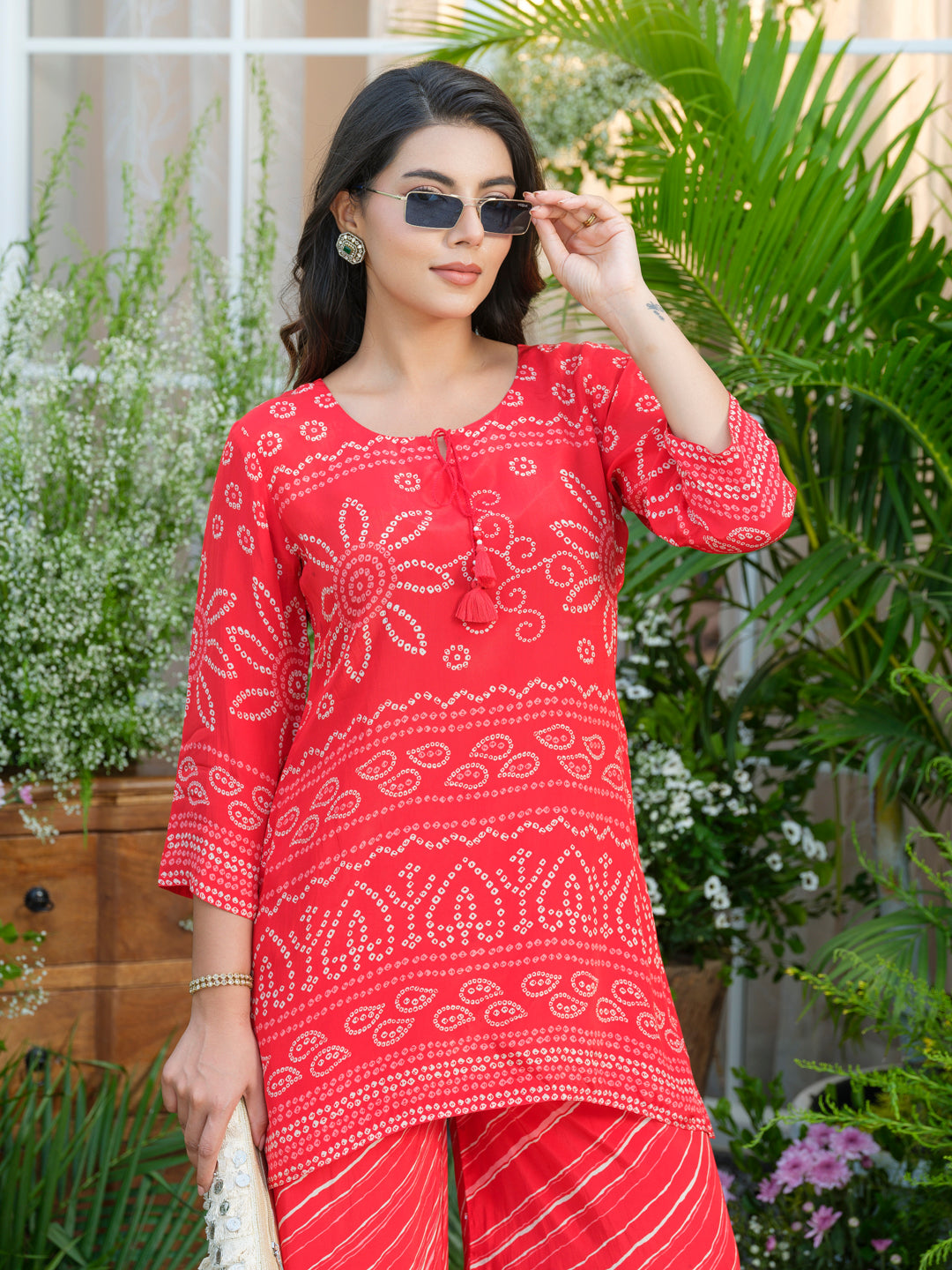Red Badhani Natural Crepe Kurti With Trouser Co-Ords