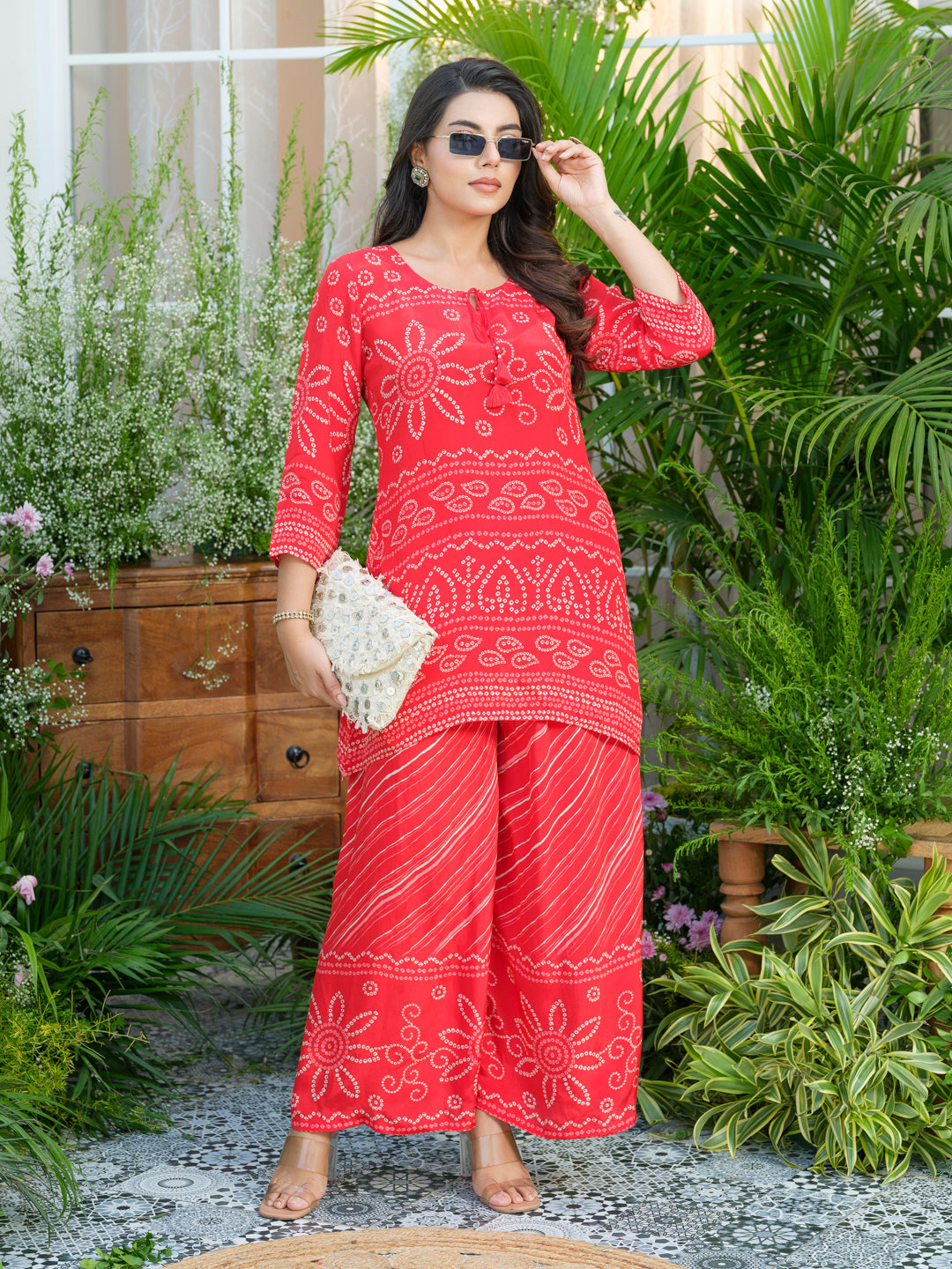 Red Badhani Natural Crepe Kurti With Trouser Co-Ords