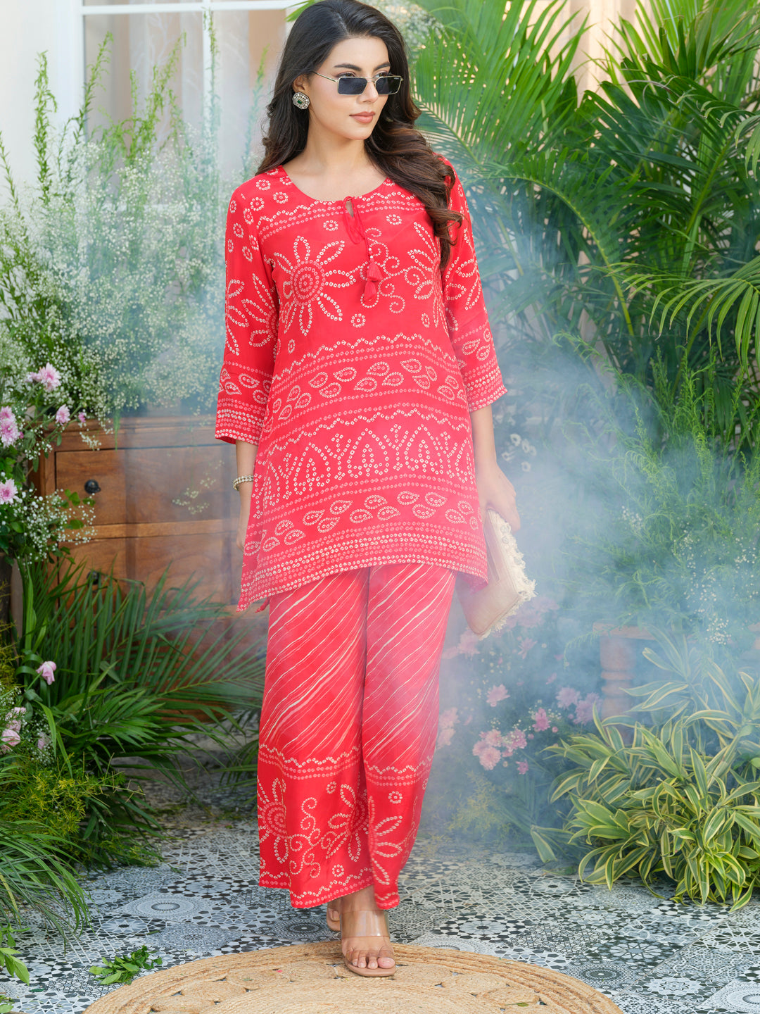 Red Badhani Natural Crepe Kurti With Trouser Co-Ords