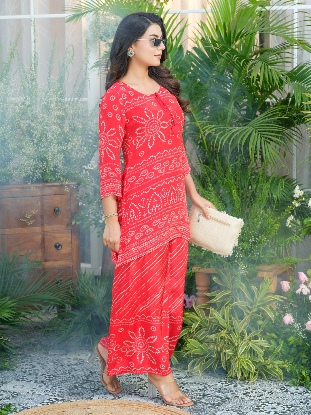 Red Badhani Natural Crepe Kurti With Trouser Co-Ords