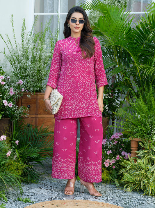 Pink Mirage – Bandhani-Inspired Printed Co-Ord Set in Natural Crepe