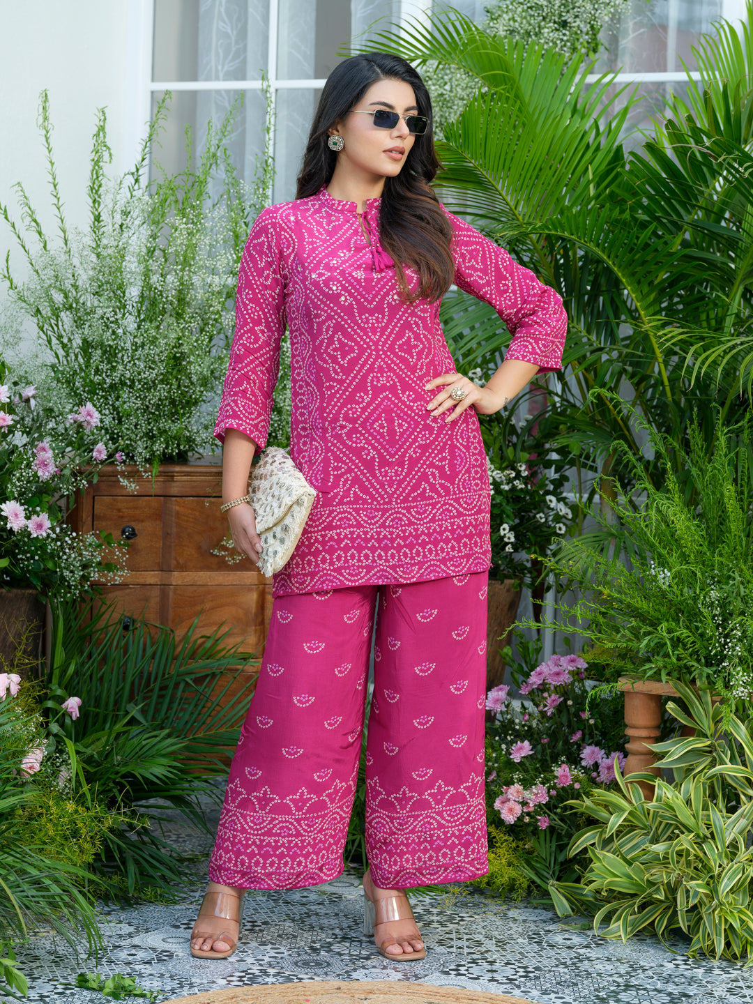 Pink Mirage – Bandhani-Inspired Printed Co-Ord Set in Natural Crepe