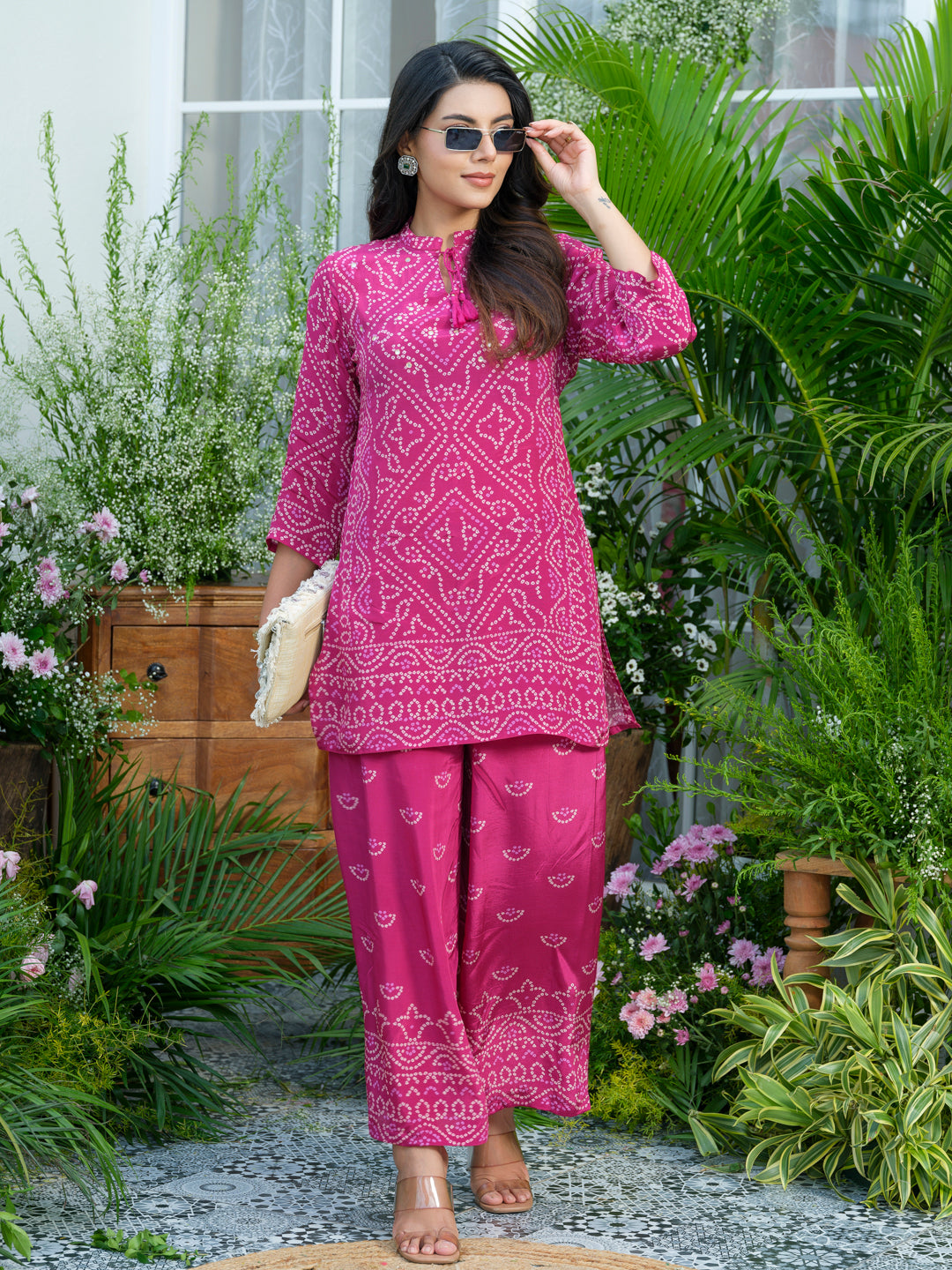 Pink Mirage – Bandhani-Inspired Printed Co-Ord Set in Natural Crepe