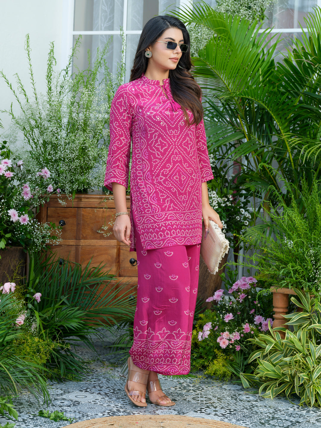 Pink Mirage – Bandhani-Inspired Printed Co-Ord Set in Natural Crepe