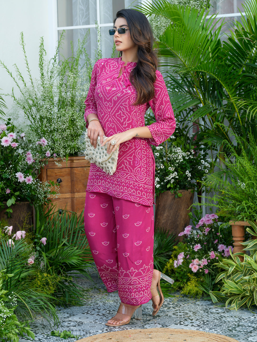 Pink Mirage – Bandhani-Inspired Printed Co-Ord Set in Natural Crepe