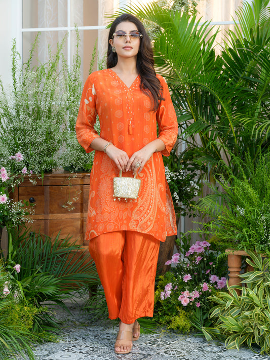 Natural Crepe Printed Hand Work Orange Co-Ord Set