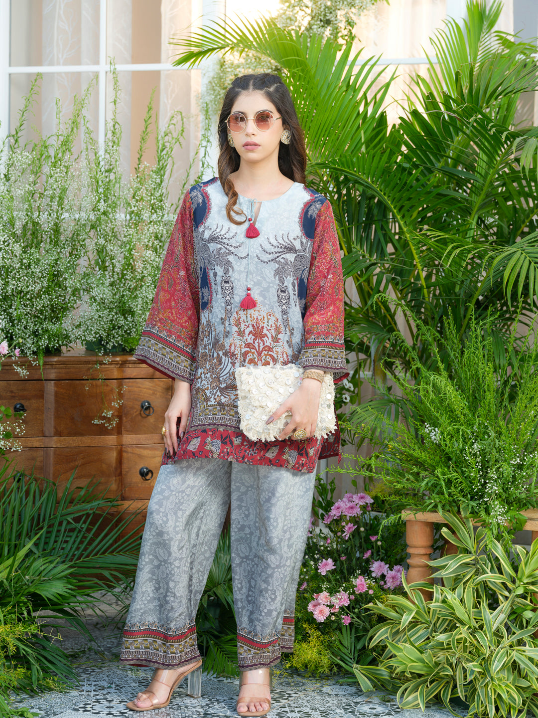 Grey Natural Crepe Printed Co-Ord Set