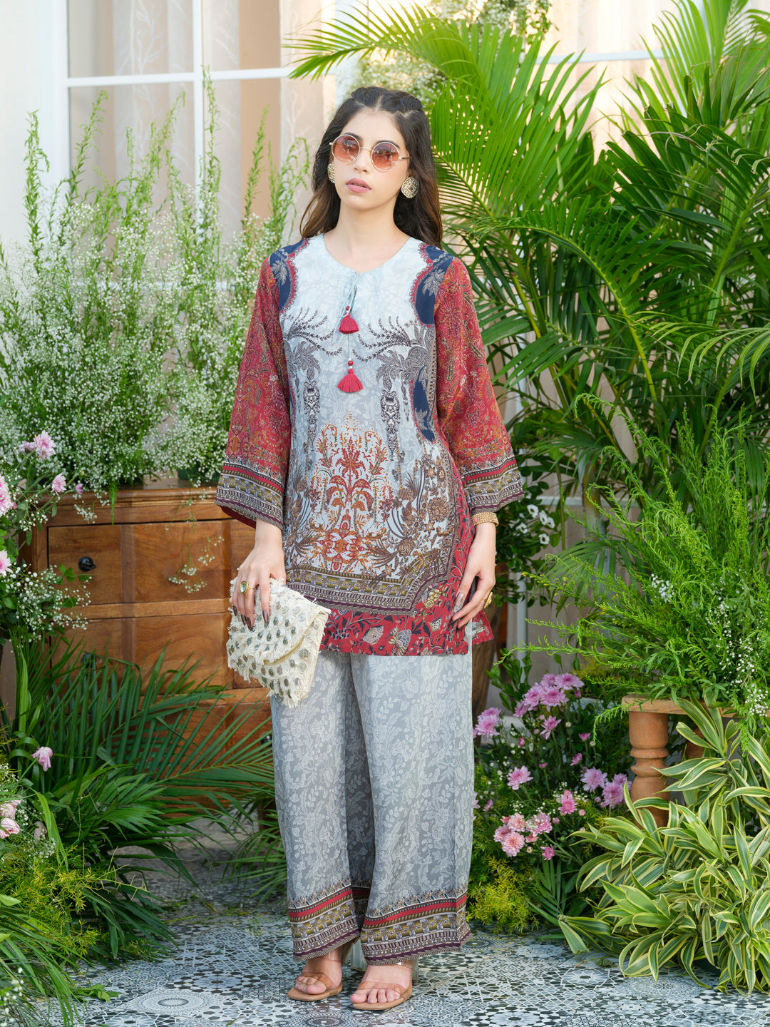 Grey Natural Crepe Printed Co-Ord Set