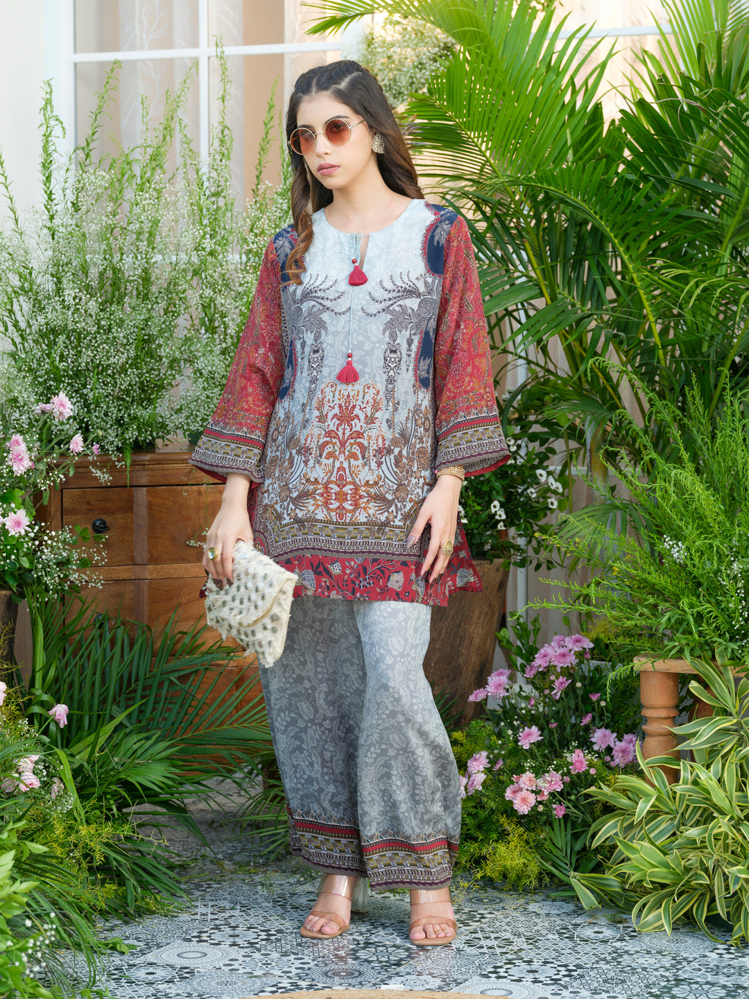 Grey Natural Crepe Printed Co-Ord Set