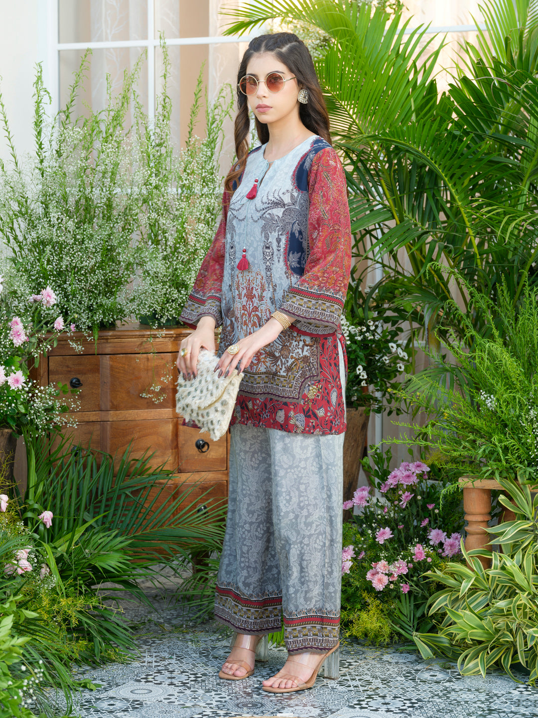 Grey Natural Crepe Printed Co-Ord Set