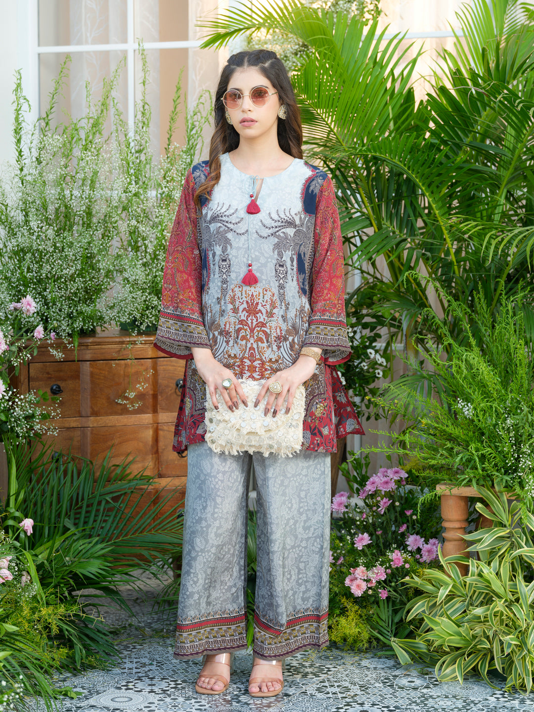 Grey Natural Crepe Printed Co-Ord Set