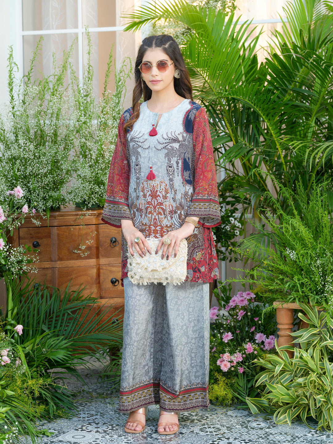 Grey Natural Crepe Printed Co-Ord Set