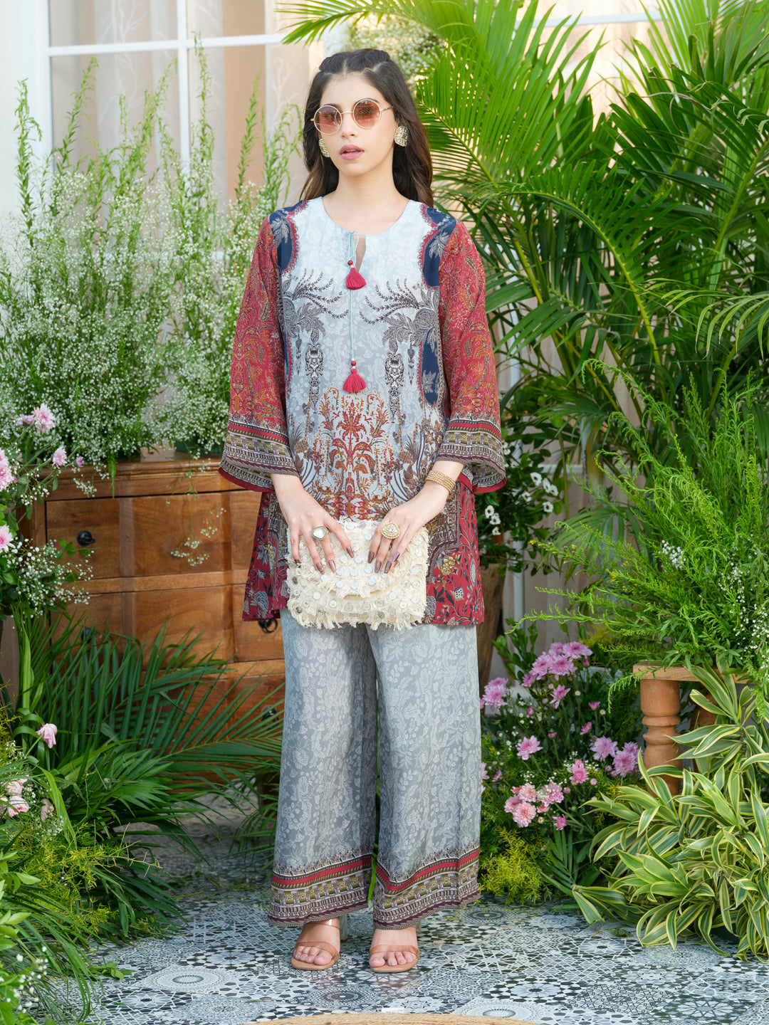 Grey Natural Crepe Printed Co-Ord Set