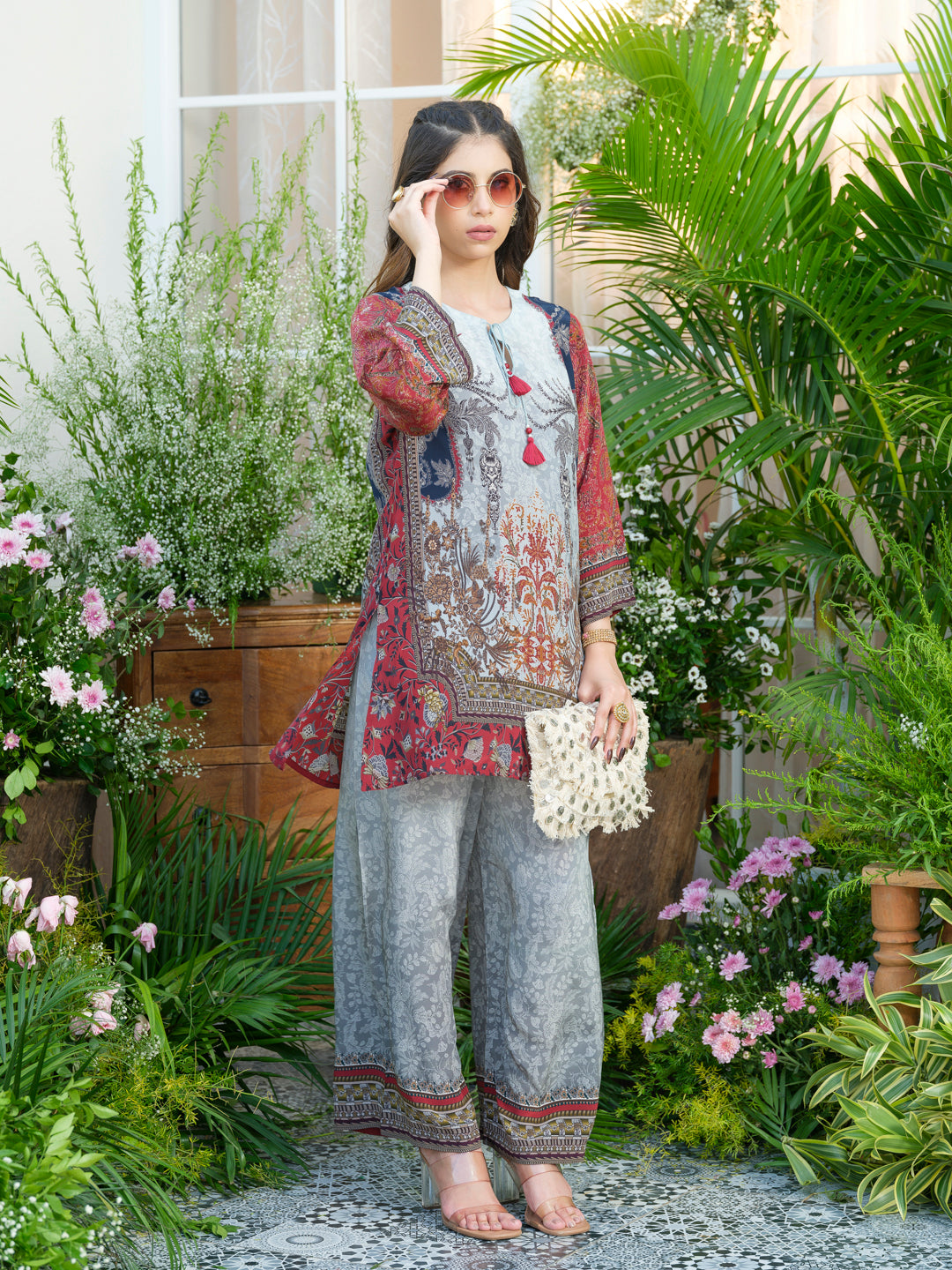 Grey Natural Crepe Printed Co-Ord Set