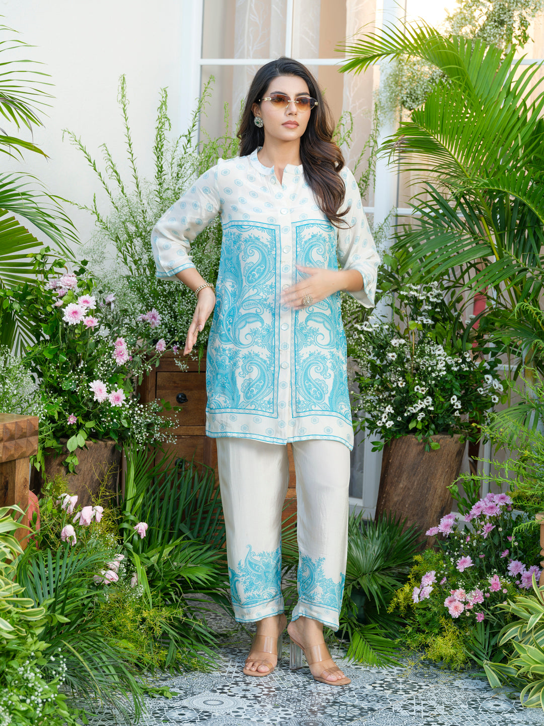 Women Off-White & Aqua Blue Printed Co-ords in Natural Crepe with Handwork & Tassel Detailing