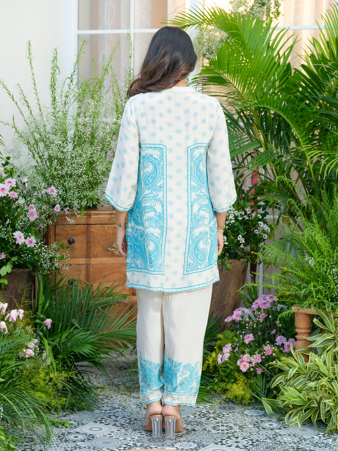 Women Off-White & Aqua Blue Printed Co-ords in Natural Crepe with Handwork & Tassel Detailing