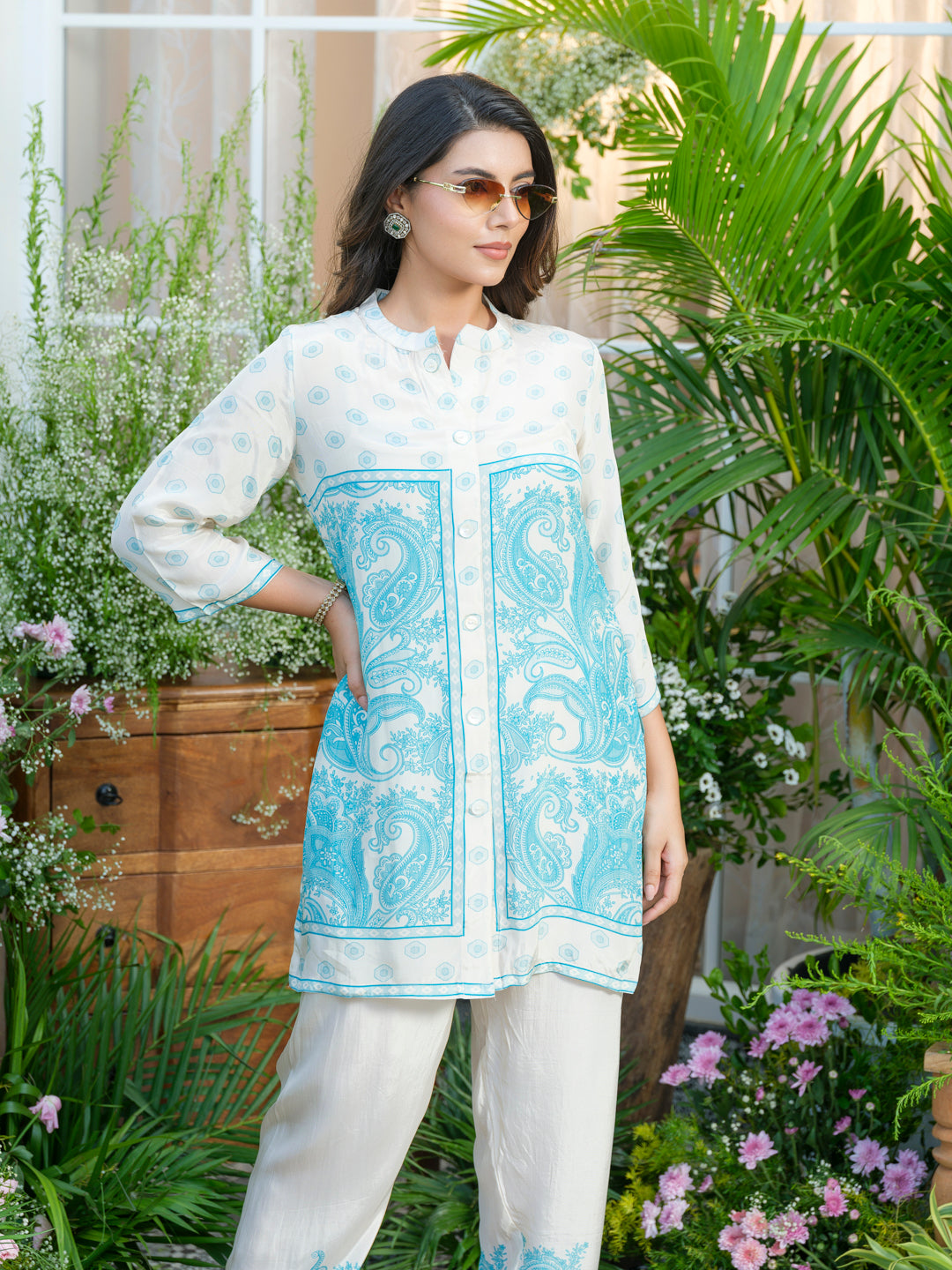 Women Off-White & Aqua Blue Printed Co-ords in Natural Crepe with Handwork & Tassel Detailing