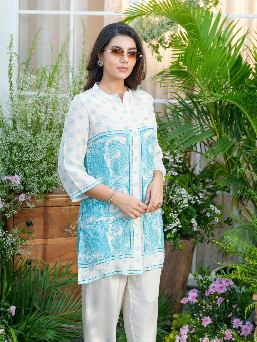 Women Off-White & Aqua Blue Printed Co-ords in Natural Crepe with Handwork & Tassel Detailing
