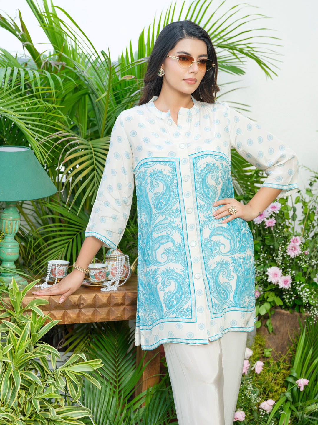 Women Off-White & Aqua Blue Printed Co-ords in Natural Crepe with Handwork & Tassel Detailing