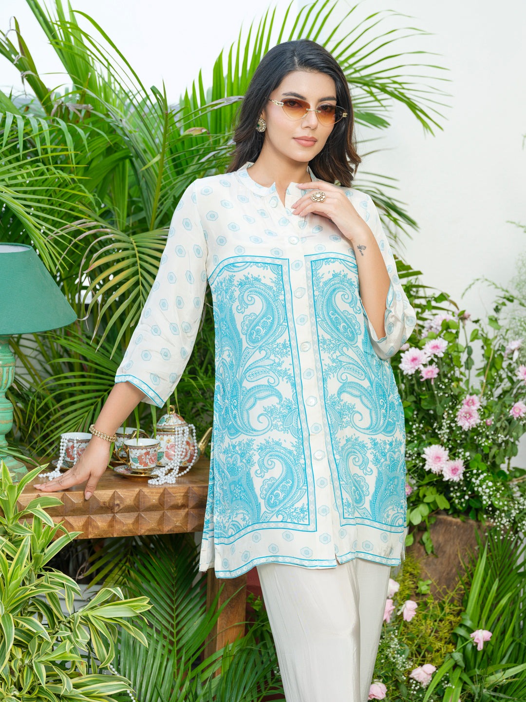 Women Off-White & Aqua Blue Printed Co-ords in Natural Crepe with Handwork & Tassel Detailing