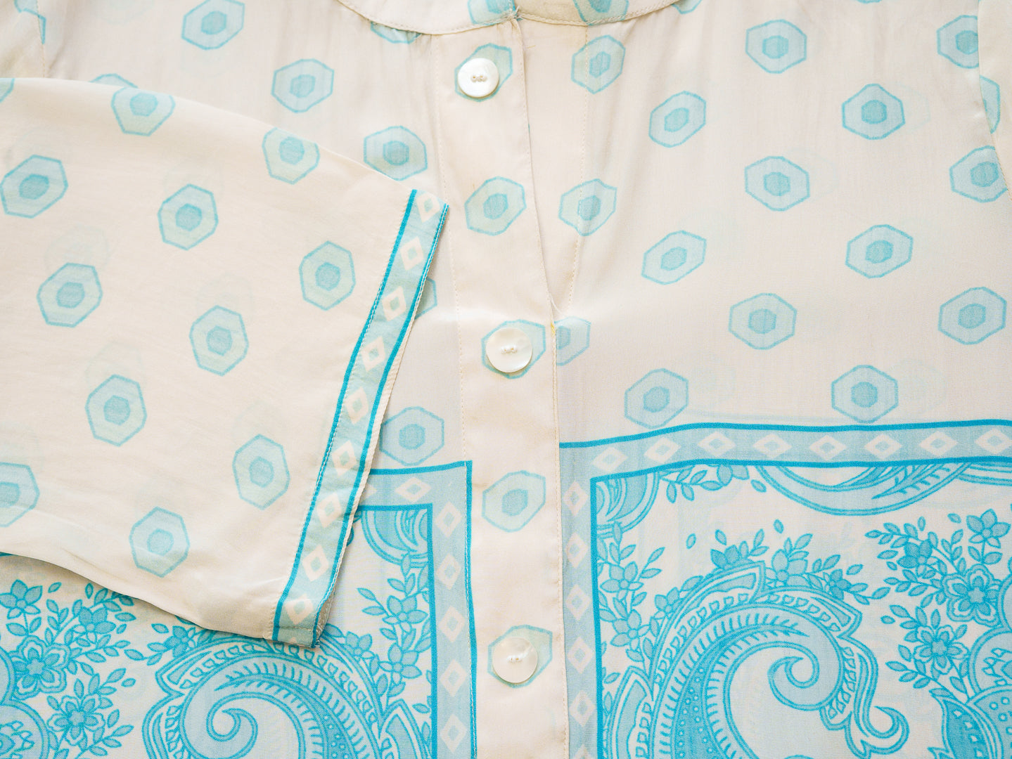 Women Off-White & Aqua Blue Printed Co-ords in Natural Crepe with Handwork & Tassel Detailing