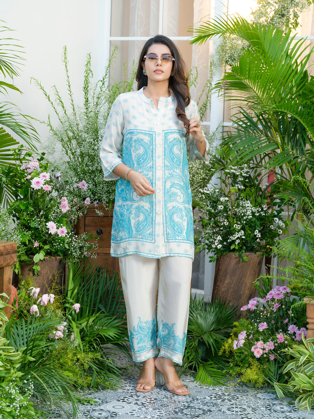 Women Off-White & Aqua Blue Printed Co-ords in Natural Crepe with Handwork & Tassel Detailing