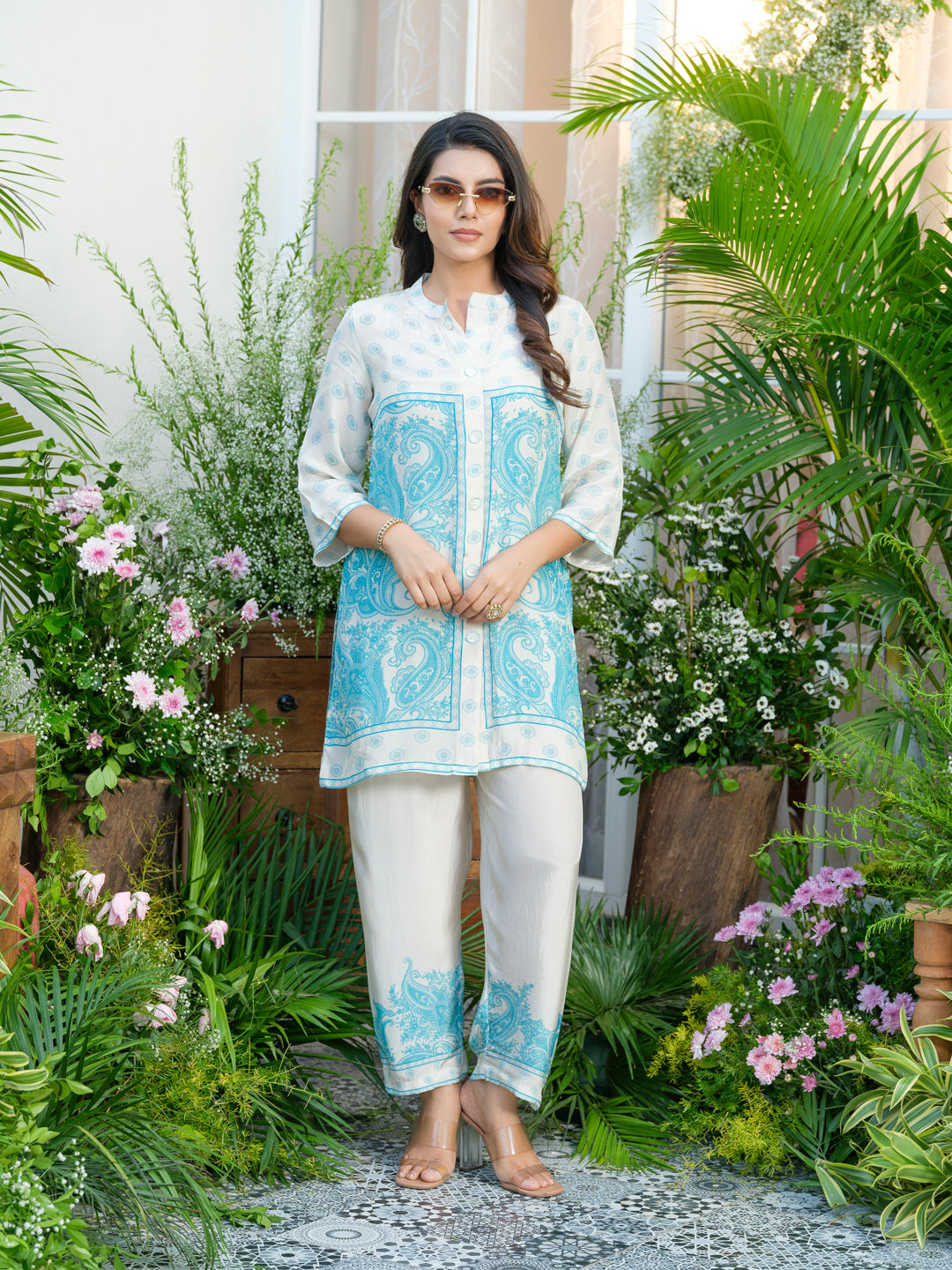 Women Off-White & Aqua Blue Printed Co-ords in Natural Crepe with Handwork & Tassel Detailing