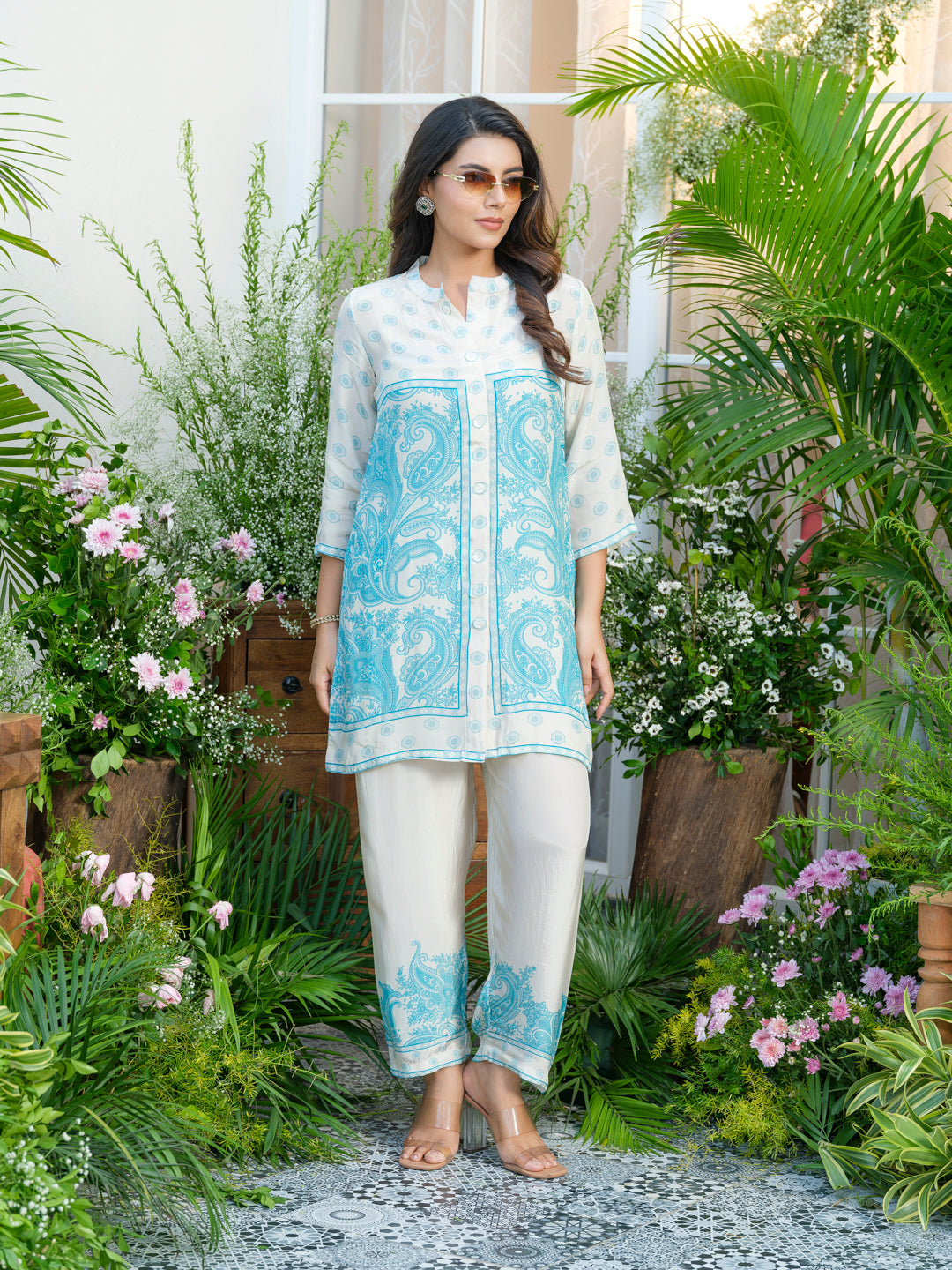 Women Off-White & Aqua Blue Printed Co-ords in Natural Crepe with Handwork & Tassel Detailing