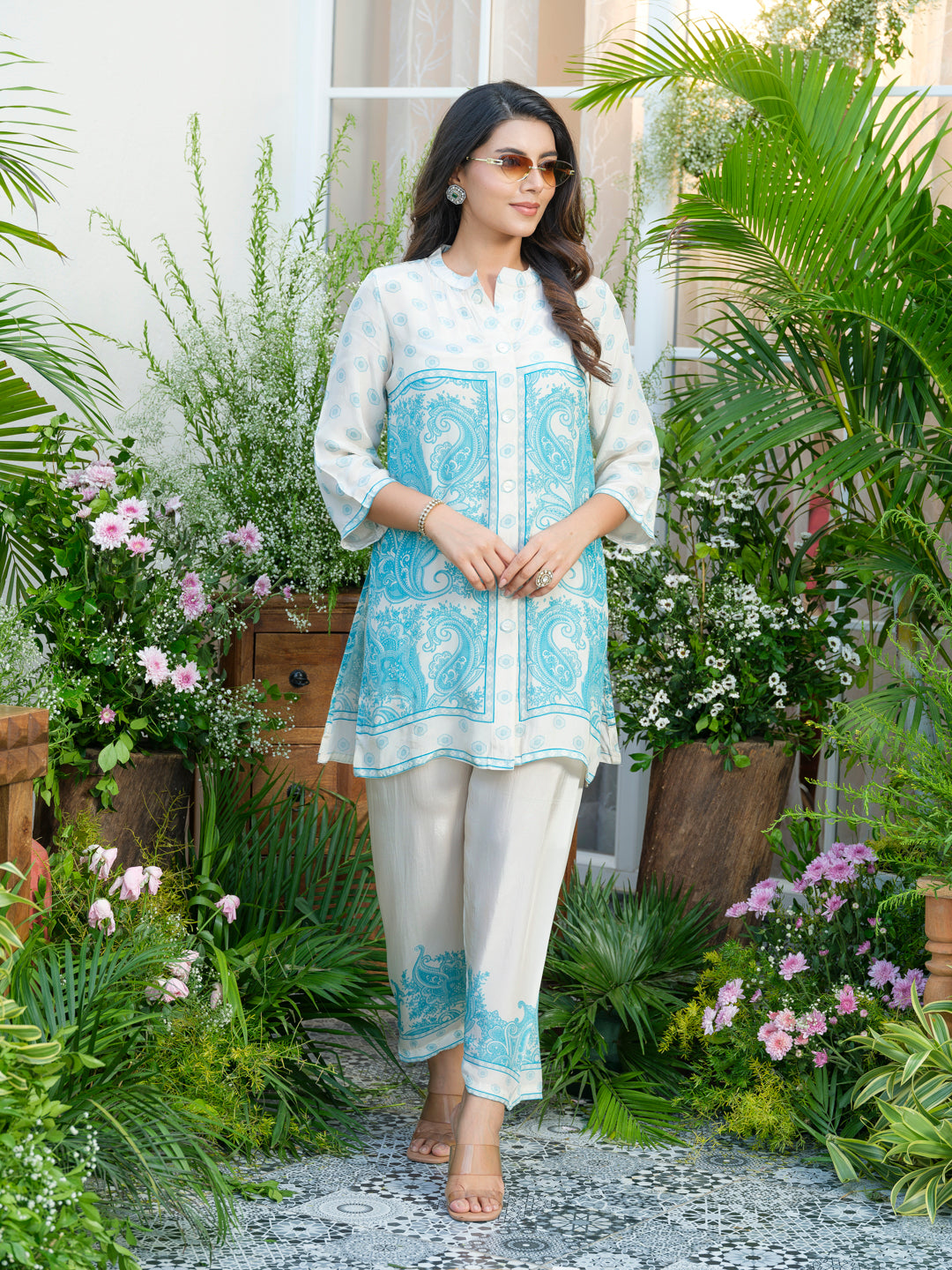 Women Off-White & Aqua Blue Printed Co-ords in Natural Crepe with Handwork & Tassel Detailing