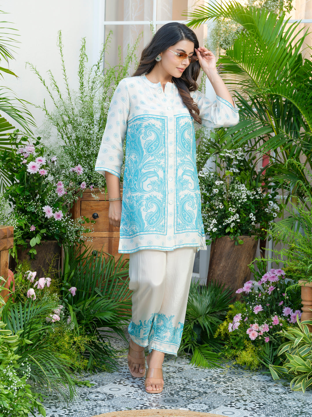 Women Off-White & Aqua Blue Printed Co-ords in Natural Crepe with Handwork & Tassel Detailing