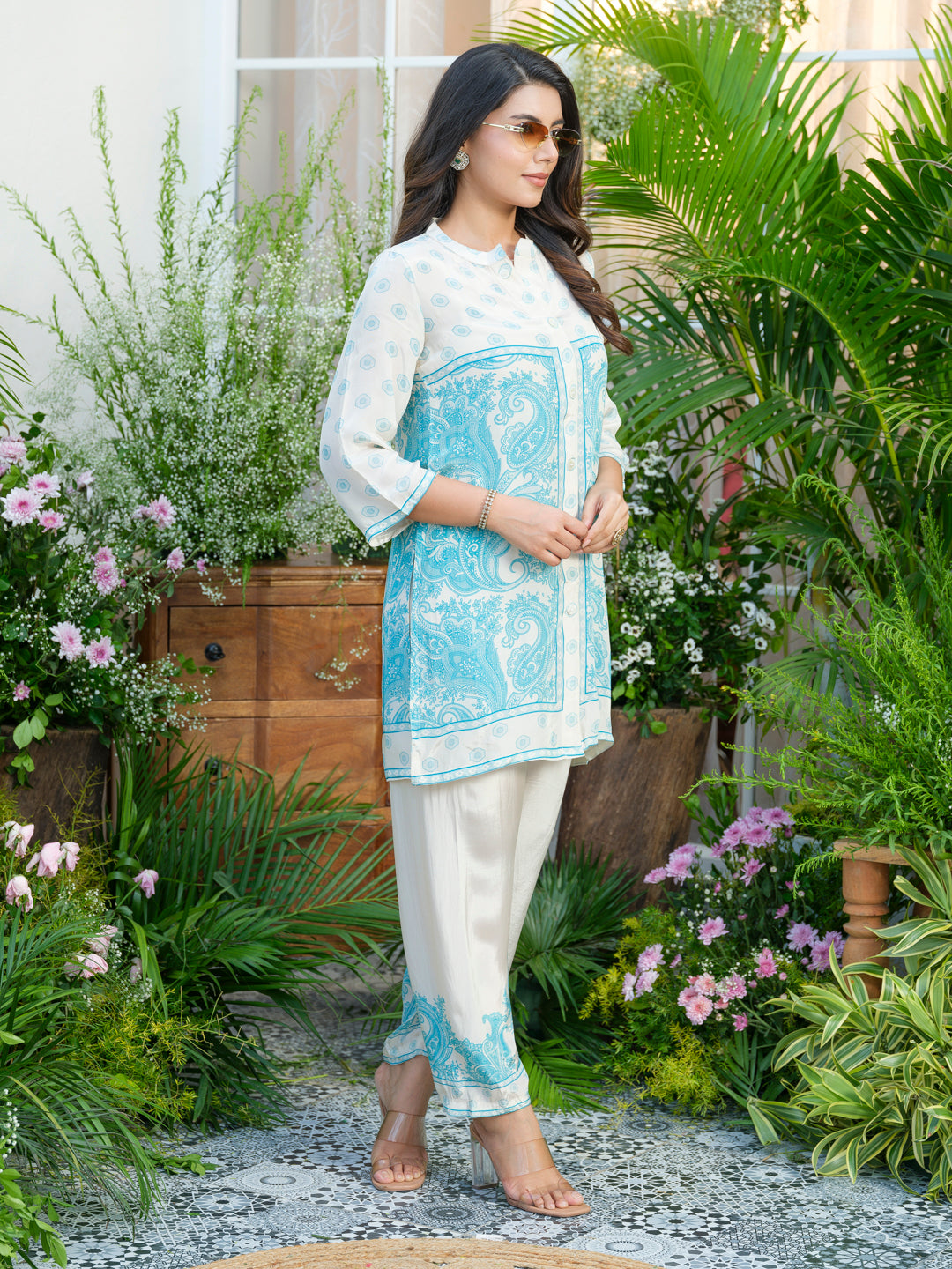 Women Off-White & Aqua Blue Printed Co-ords in Natural Crepe with Handwork & Tassel Detailing