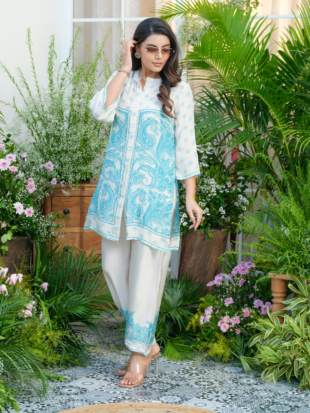 Women Off-White & Aqua Blue Printed Co-ords in Natural Crepe with Handwork & Tassel Detailing