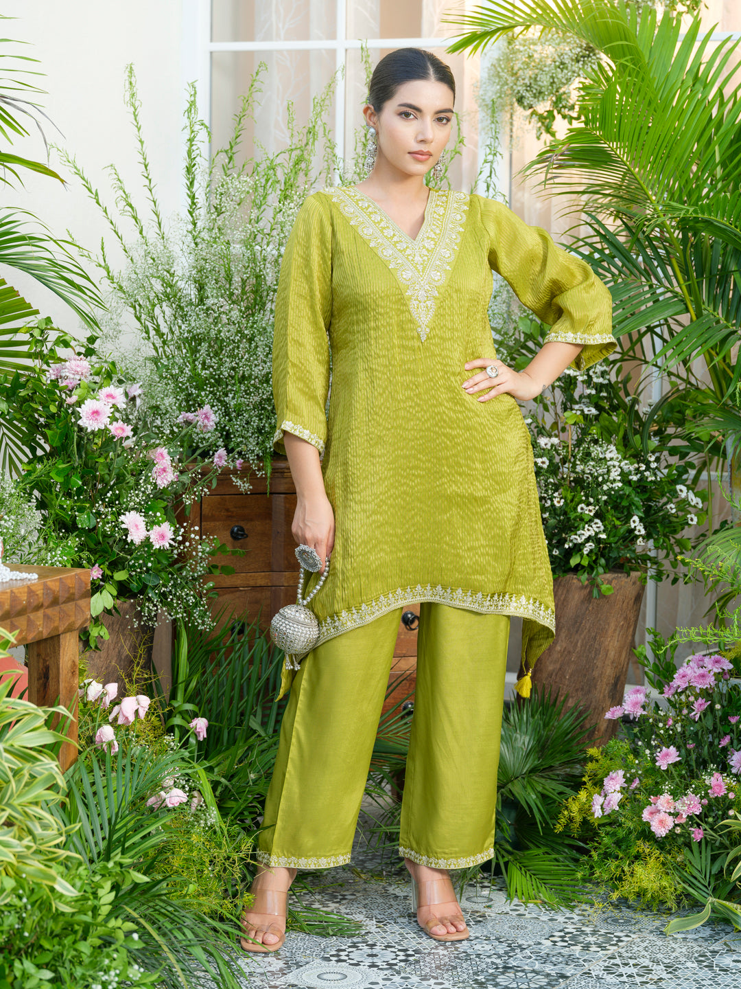 Lime-green V-Neck Handwork with Sequence Touch Co-Ord Set