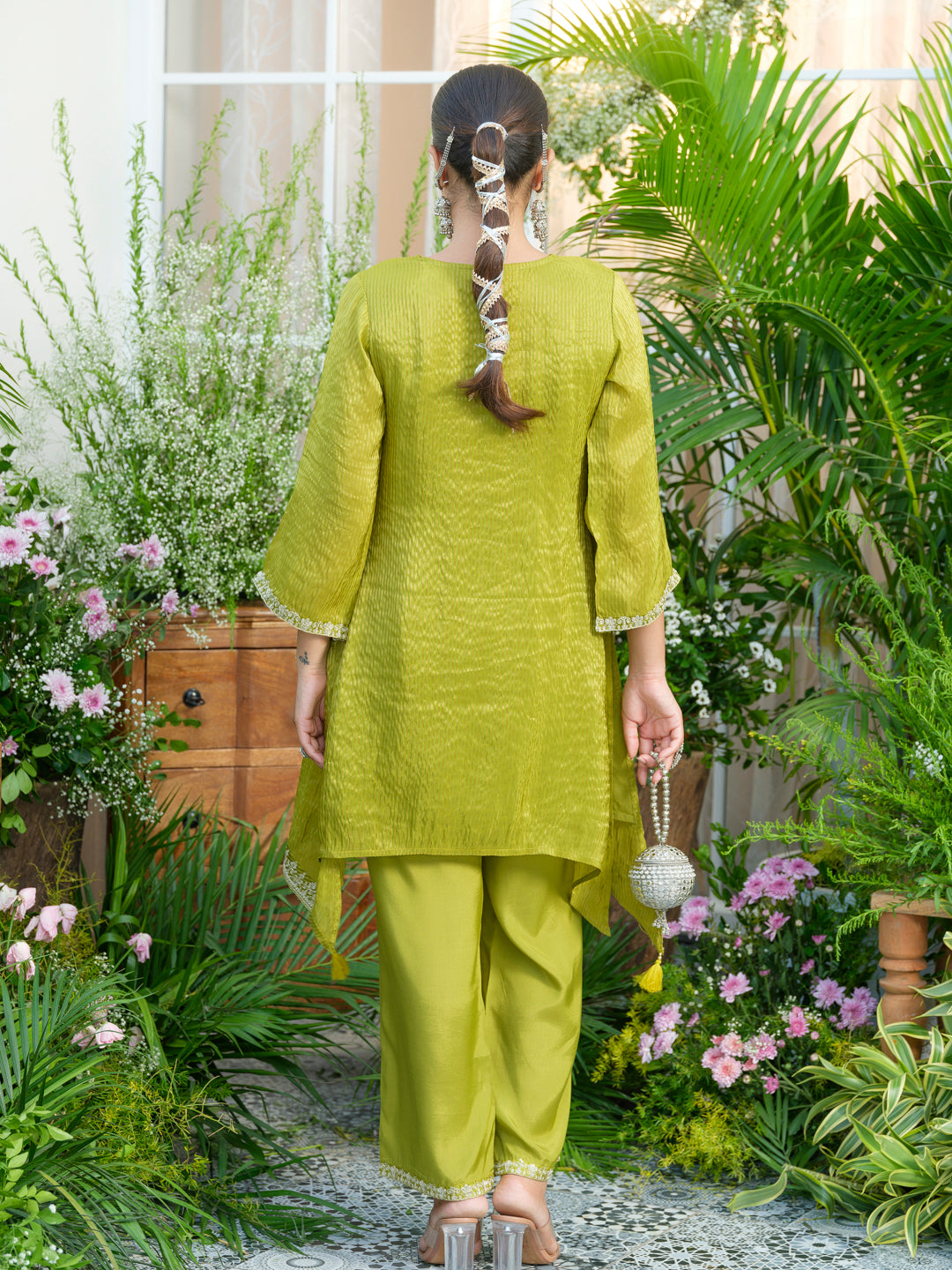 Lime-green V-Neck Handwork with Sequence Touch Co-Ord Set