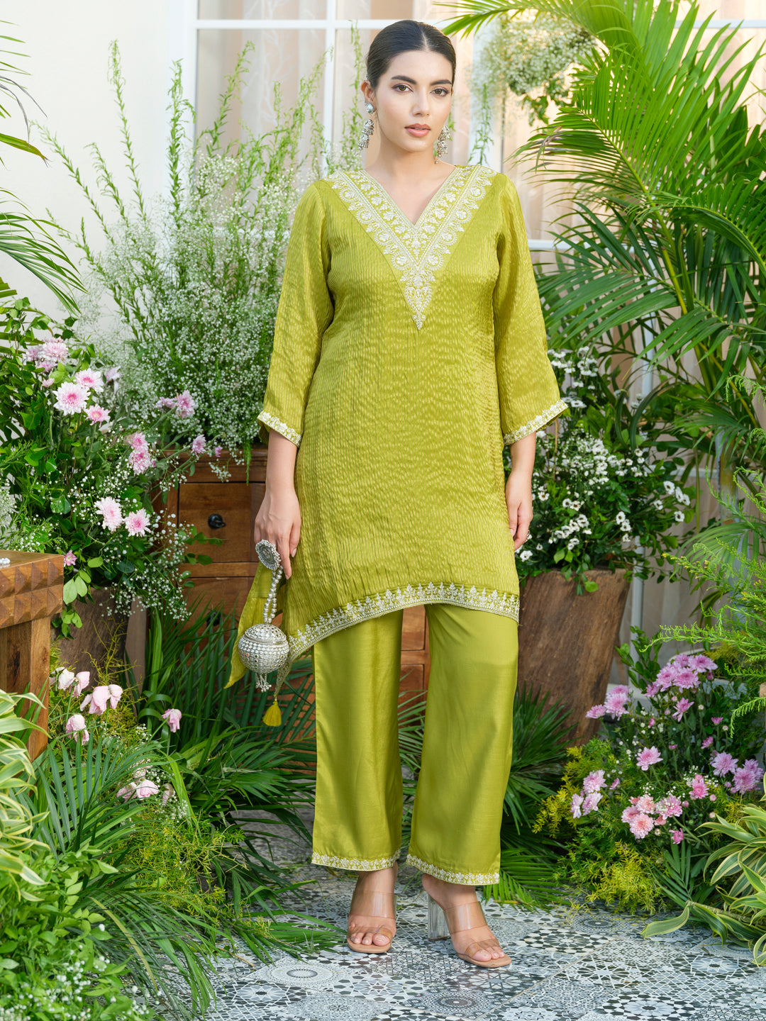 Lime-green V-Neck Handwork with Sequence Touch Co-Ord Set