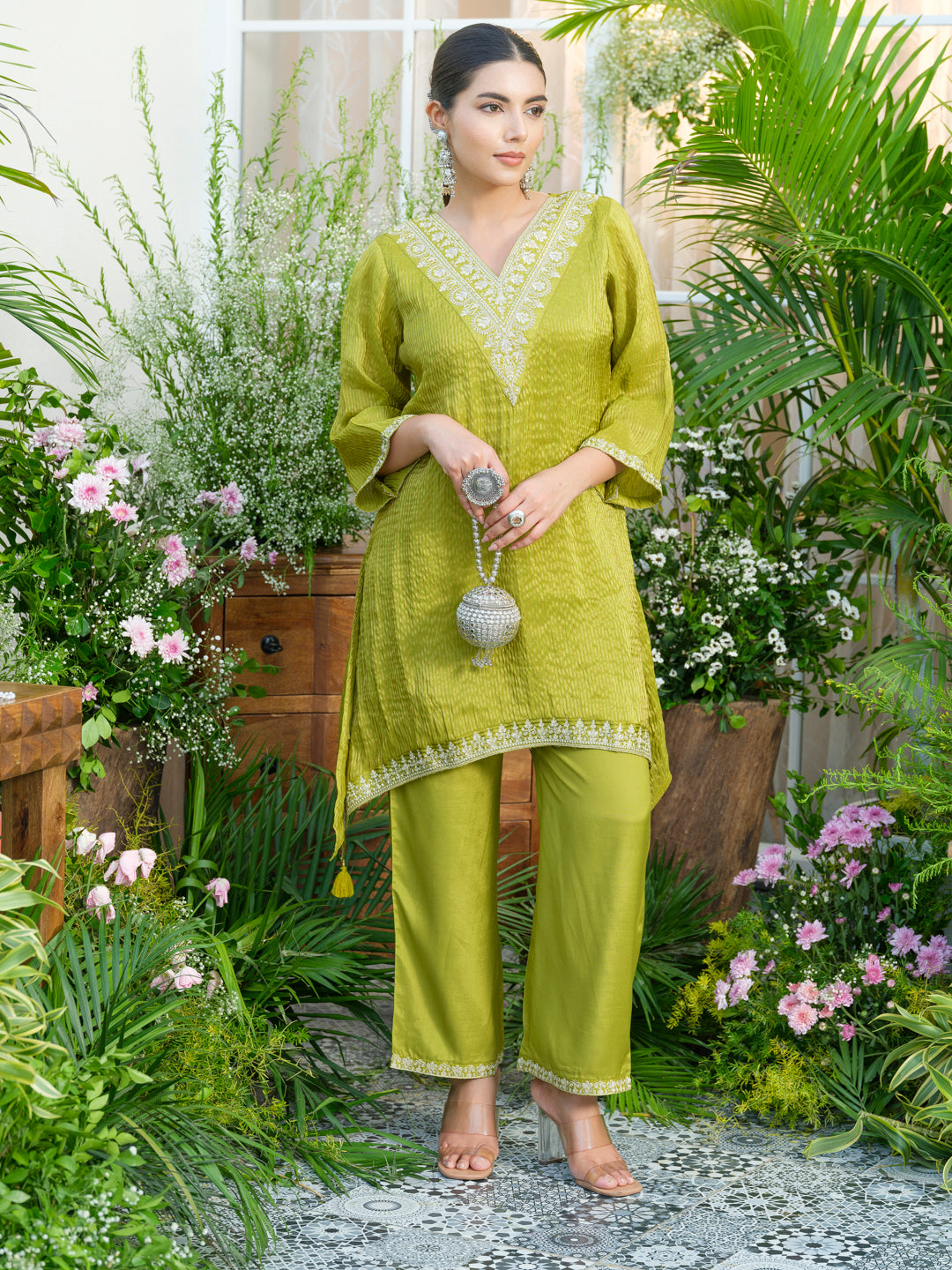 Lime-green V-Neck Handwork with Sequence Touch Co-Ord Set