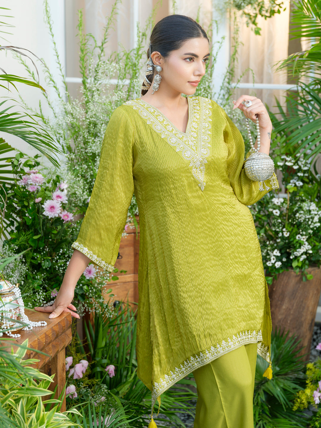 Lime-green V-Neck Handwork with Sequence Touch Co-Ord Set