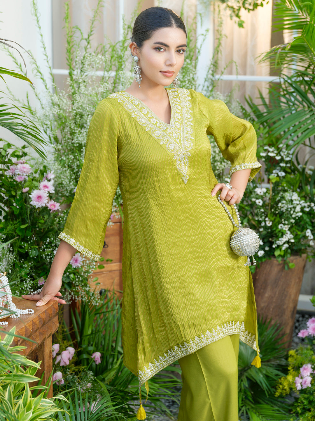 Lime-green V-Neck Handwork with Sequence Touch Co-Ord Set