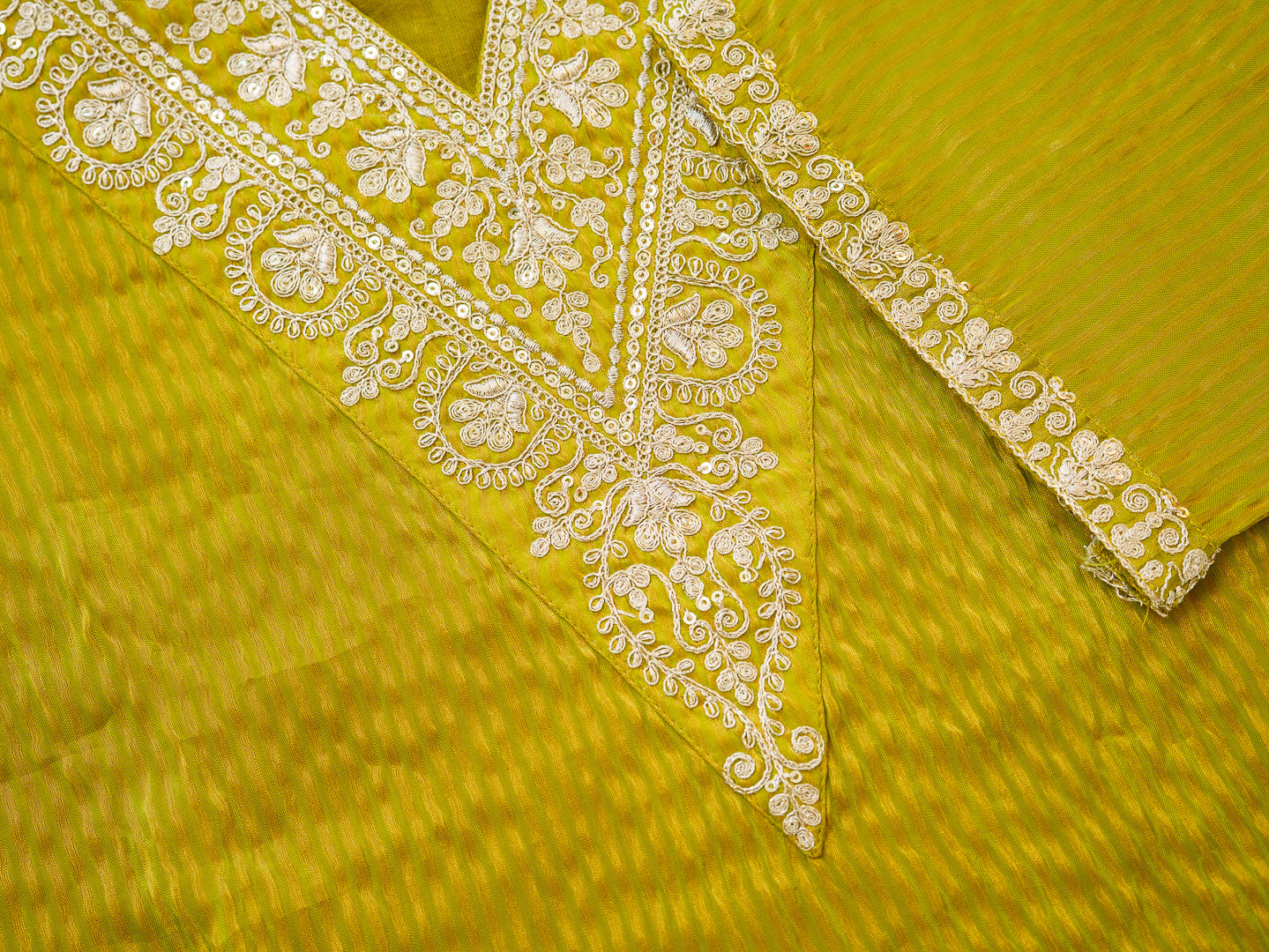 Lime-green V-Neck Handwork with Sequence Touch Co-Ord Set