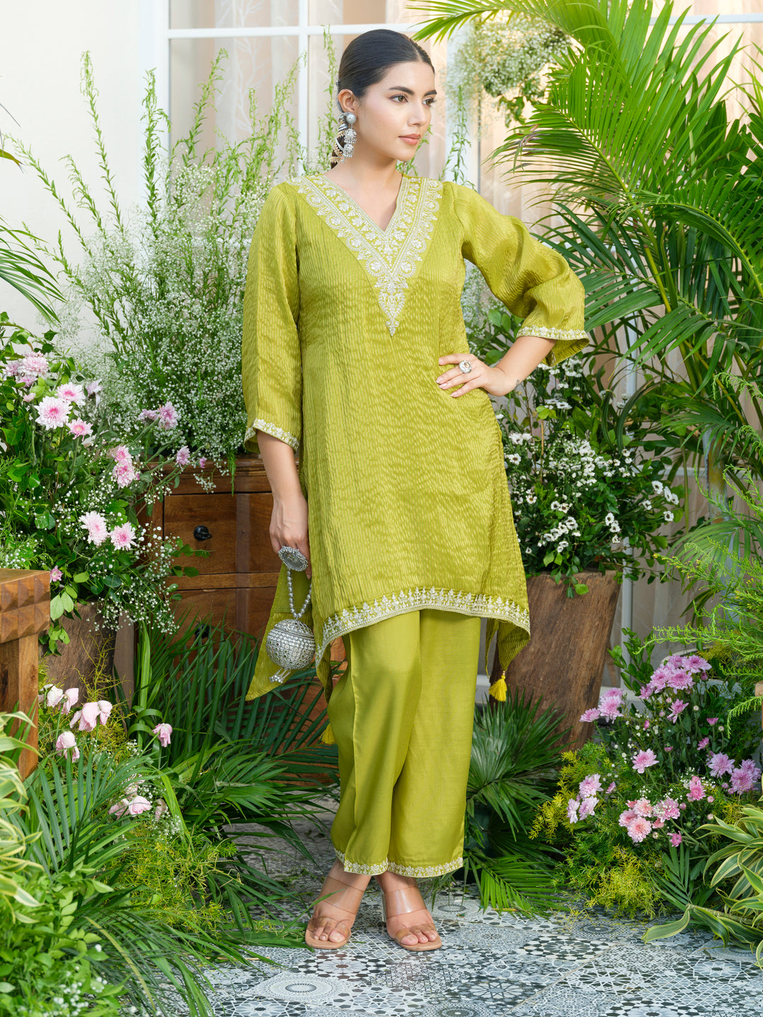 Lime-green V-Neck Handwork with Sequence Touch Co-Ord Set
