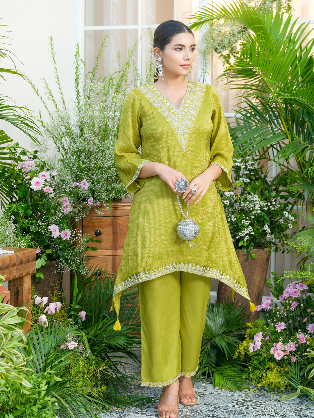 Lime-green V-Neck Handwork with Sequence Touch Co-Ord Set