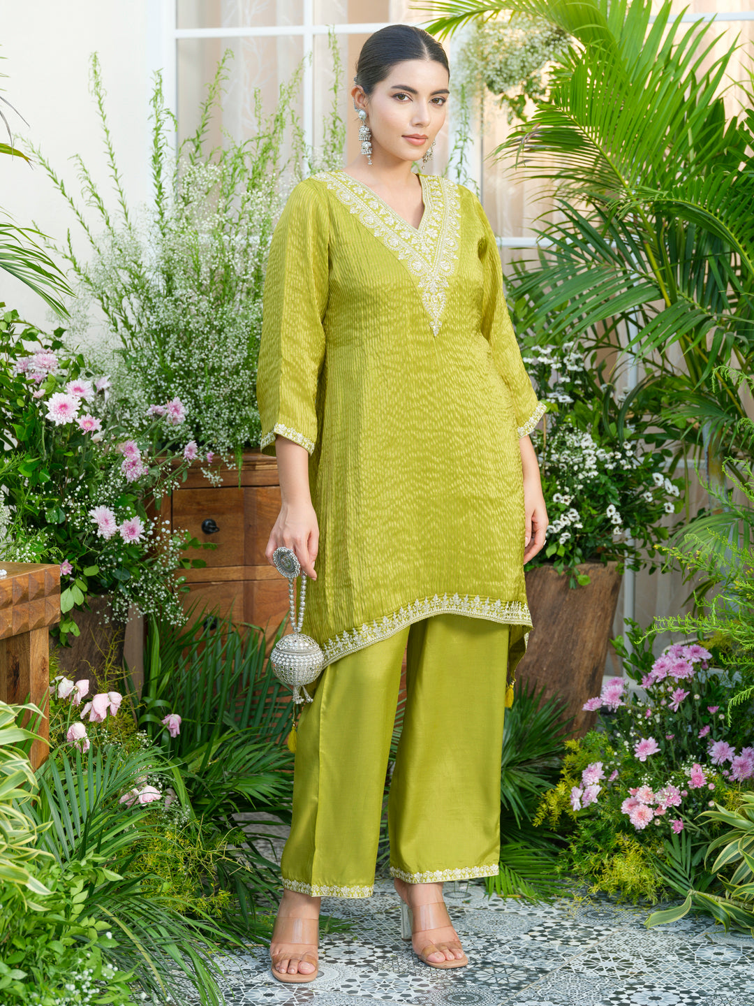 Lime-green V-Neck Handwork with Sequence Touch Co-Ord Set