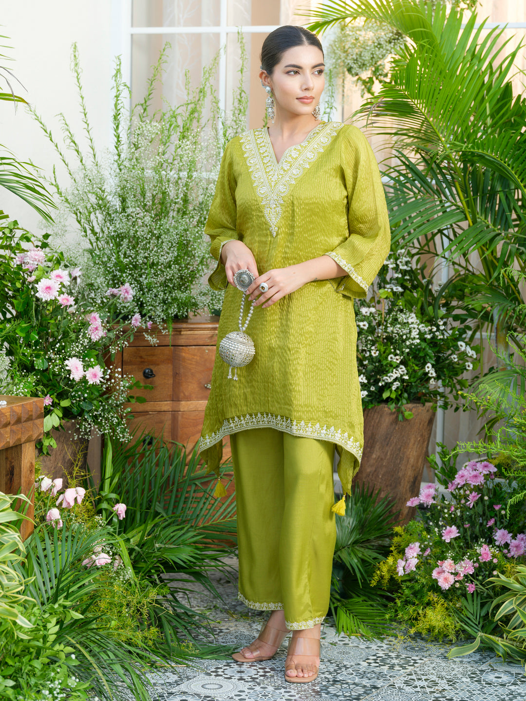 Lime-green V-Neck Handwork with Sequence Touch Co-Ord Set