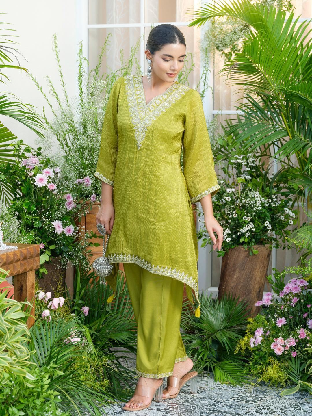 Lime-green V-Neck Handwork with Sequence Touch Co-Ord Set